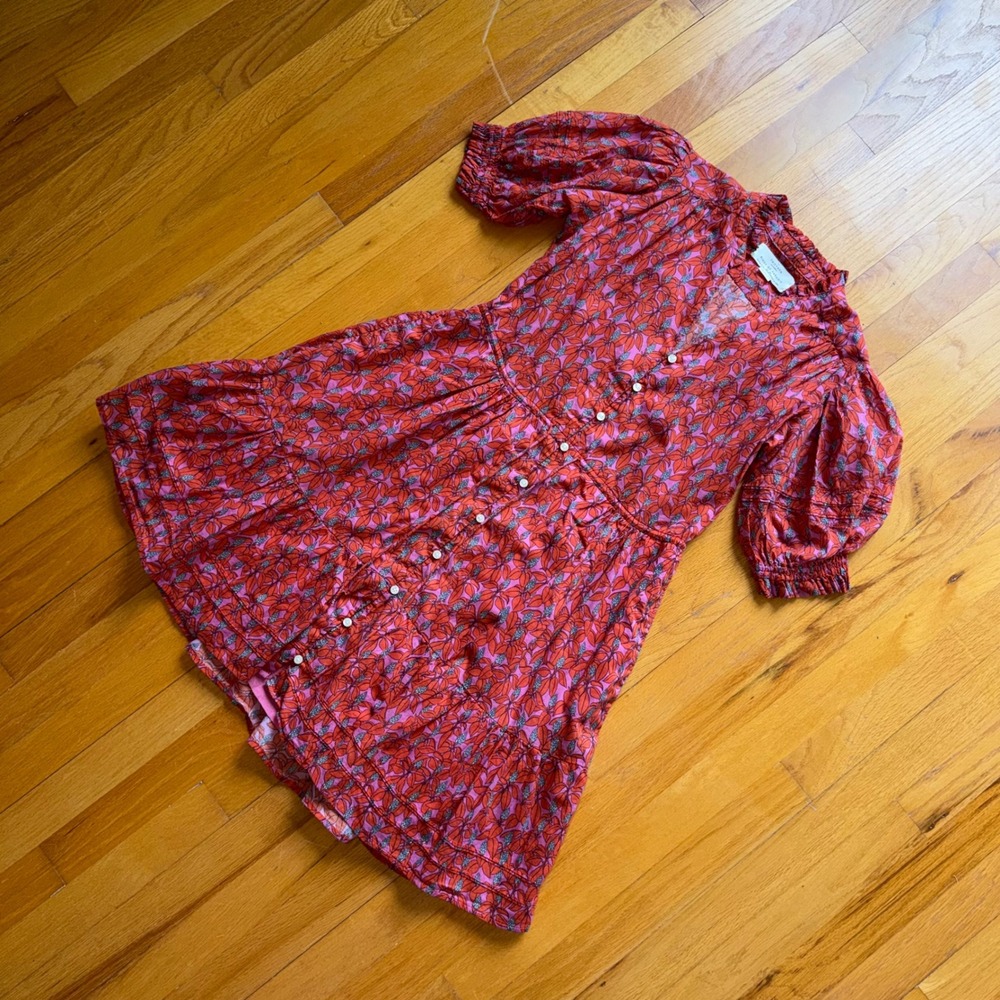Trovata Birds of Paradis Red Pink Floral Cotton Puff Sleeve Mini Dress S Cottage - Picture 8 of 9